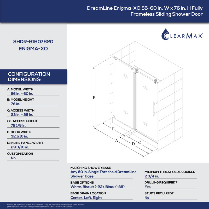 Enigma-XO 76" H Single Sliding Frameless Shower Door with ClearMax Technology, Polished Stainless Steel
