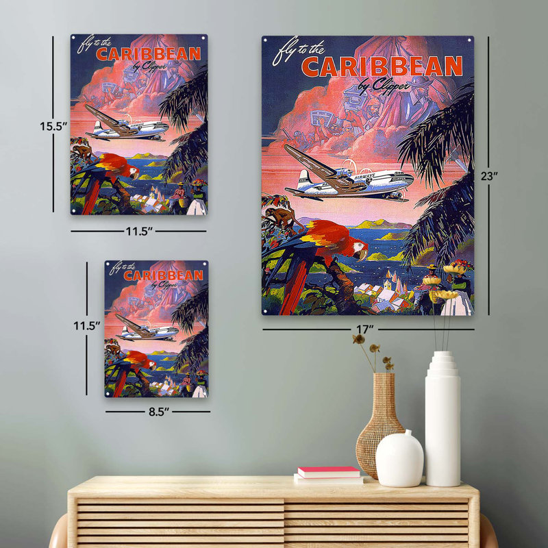 «Vintage Fly To The Caribbean» par Clipper, impression sur métal, H 23,2 po x l 17,2 po x P 0,04 po