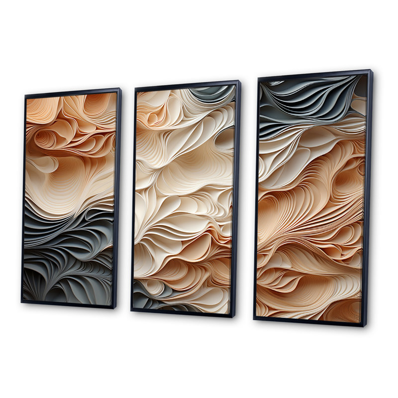«Beige and Orange Custards Collage I», ensemble d'art mural abstrait, H 28 po x l 36 po x P 1 po, Cadre flottant noir