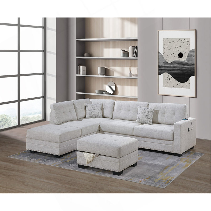 Ensemble de salon modulaire en forme de L avec repose-pieds et canapé capitonné 3 pièces, Beige / neutre