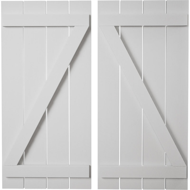 Rustic Four Board Spaced Board-n-Batten Faux Wood Shutters w/Z-Board (Per Pair), 80'', 23", Smooth Texture/Primed Tan