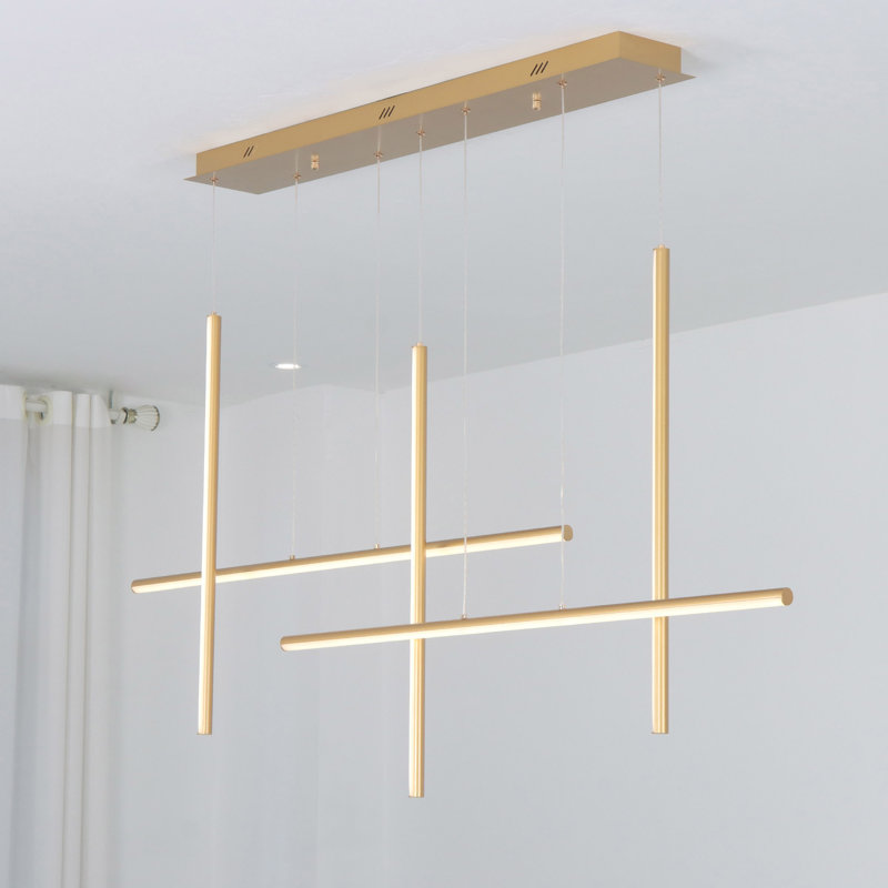 59 Inch Modern Line Rectangle LED Pendant Light Aluminum Suspension Dimming Island Kitchen Light, Gold