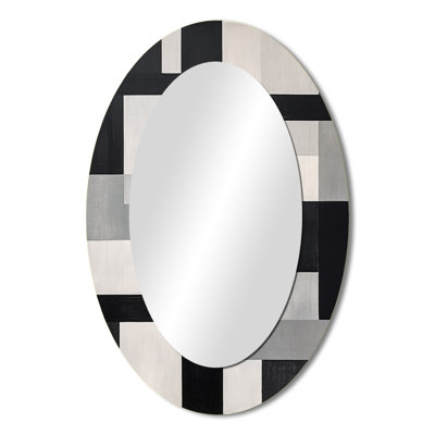 Black And White Cuboids Dream I - Abstract Oval Decorative Mirror On Metal