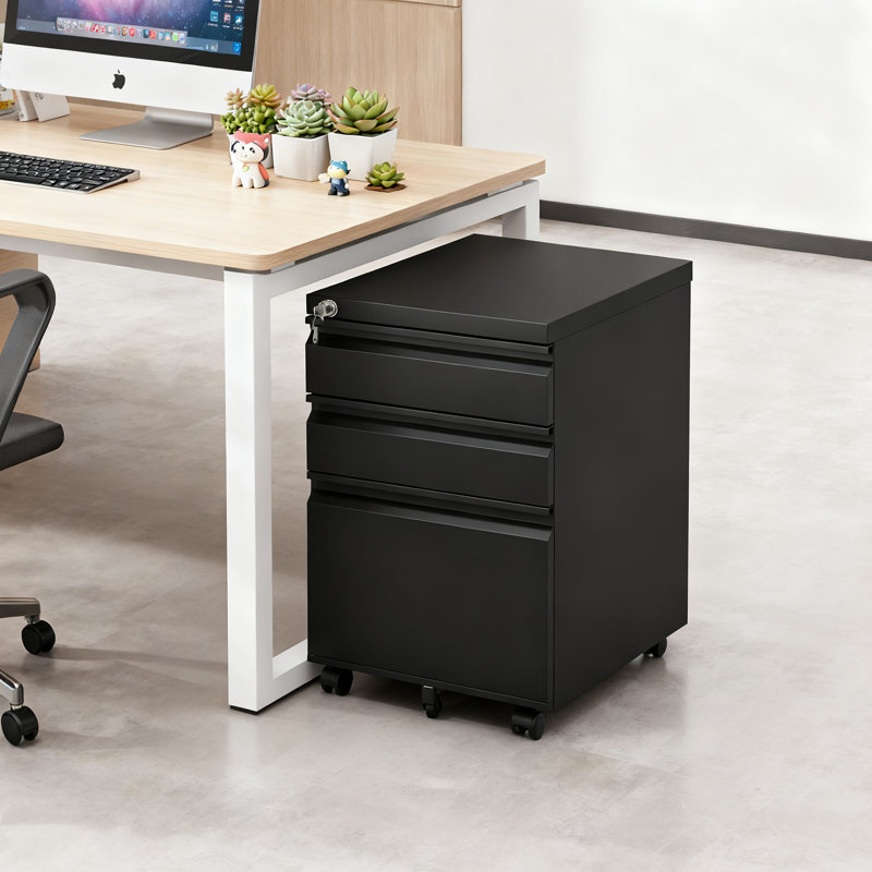 Classeur mobile H 23,6 po x l 14,7 po à 3 tiroirs noir avec serrure, classeur en métal roulant entièrement assemblé sur roulettes, pour le bureau personnel et sous le bureau, peut contenir des documents de format lettre, légal et A4