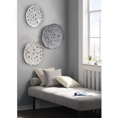 3 Textured Feather Metal Wall Decoration - Grey Shade, 20", 17.25", 14.25" , Indoor Hanging, Hook Ring With Hanging