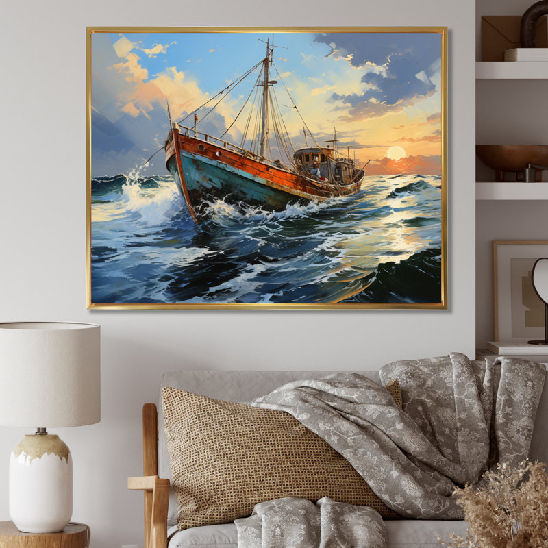 Impression d'art sur toile, "Bateau expressif" - Transport, Cadre flottant doré, H 24 po x l 32 po x P 1 po