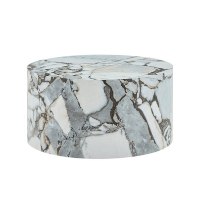 A Simple White Marble Textured Cylindrical Coffee Table