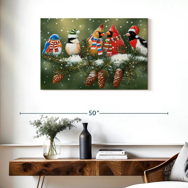 Oiseaux festifs sur une branche enneigée, H 24 po x l 36 po