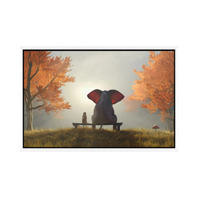 Elephant And Dog Sit In The Autumn Garden II by Mike Kiev - Print on Canvas, White Framed, 66.04 cm H x 45.72 cm W