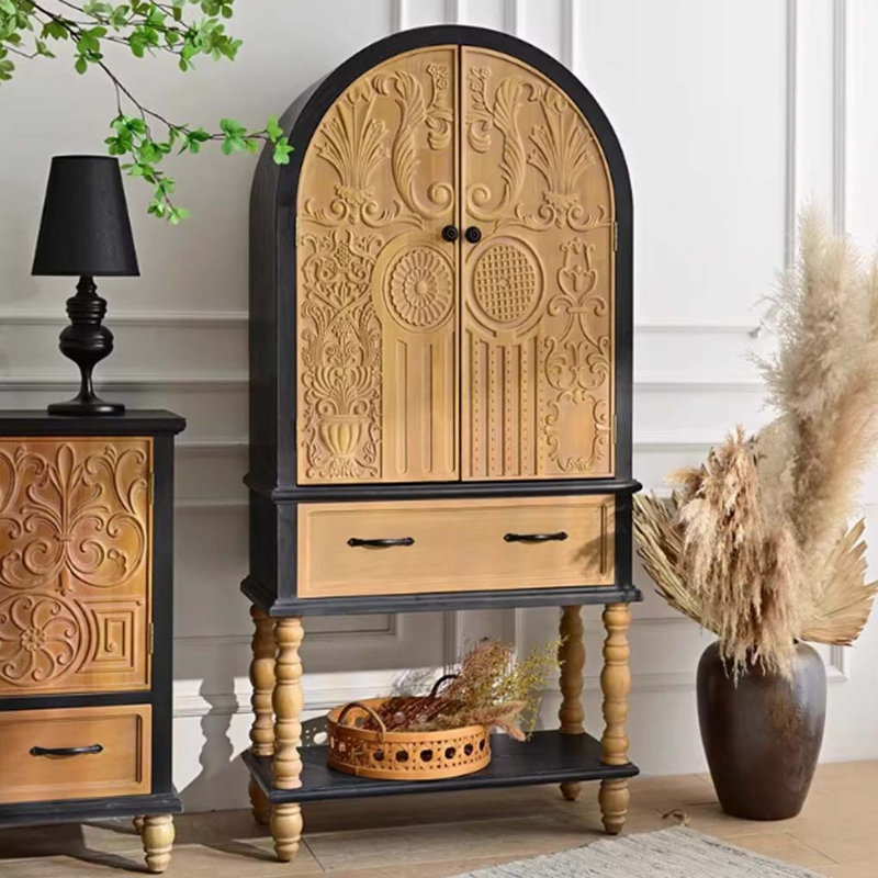 French Country Style Carved Storage cabinet, Black/Wood
