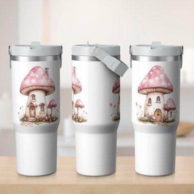 Gobelet 30 oz avec couvercle et poignée Gobelets isothermes en acier inoxydable Bouteille d'eau mignonne avec rabat (champignon)