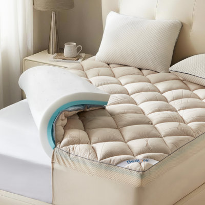 Surmatelas en mousse viscoélastique à double couche BEDLORE® 4 po avec housse en rayonne de bambou, mousse à mémoire de forme 2 po et plateau-coussin moelleux en bambou respirant avec poche profonde de 6 à 18 po, pour soulager les maux de dos