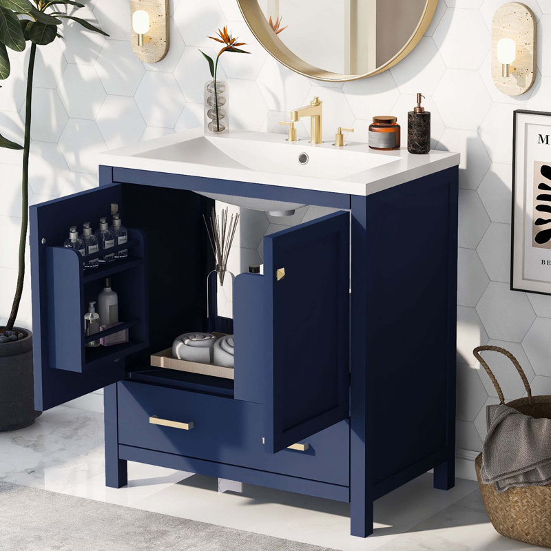 Meuble-lavabo de salle de bain avec lavabo simple, 2 portes à fermeture douce et un tiroir, Bleu