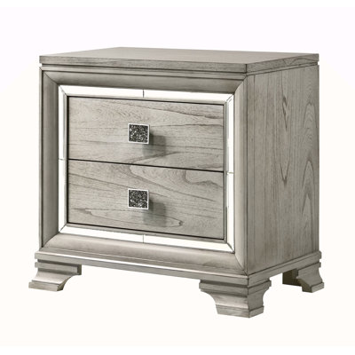 Contemporary 1Pc Light Gray Brown Finish 2 Storage Drawer Nightstand End Table Mirrored Accents Beautiful Solid Wood Wooden Bedroom Furniture