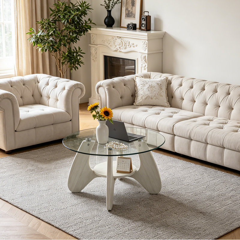 31.5" Glass Coffee Table for Living Room, 2-Tier Wood Accent Center Table with Open Storage, White