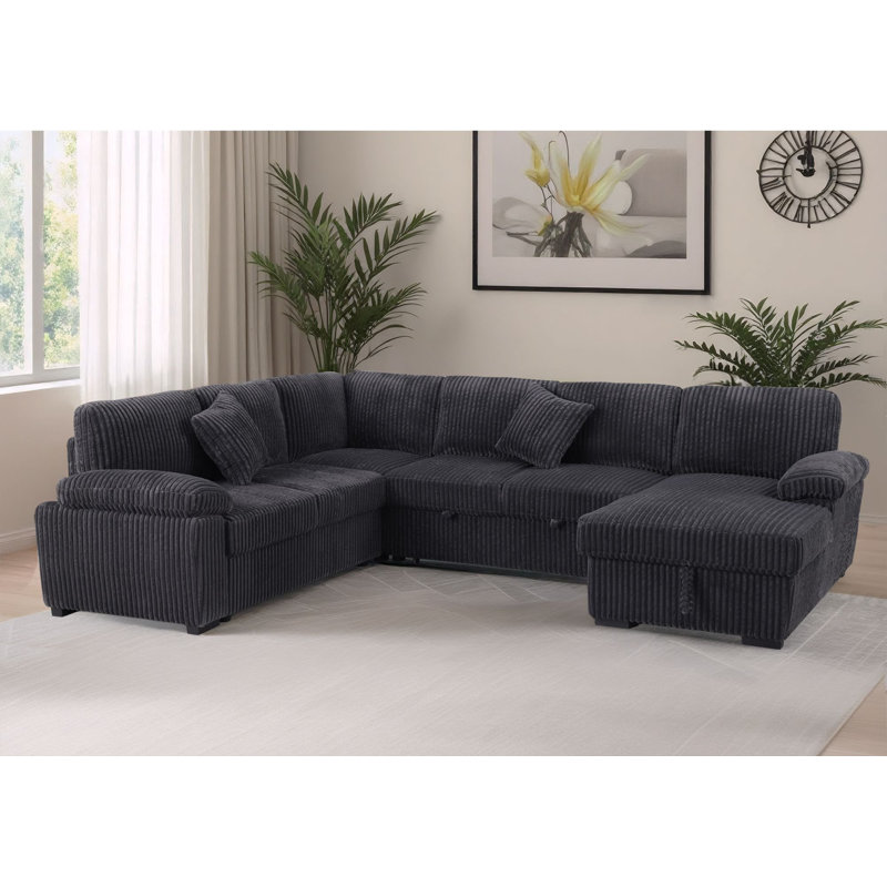4 Piece Upholstered Corduroy  U-Shape Sectional Sleeper Sofa Bed(Pull Out Style) With Storage Space