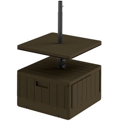 3-In-1 Outdoor Umbrella Base With Table Tray, Coffee End Table, Planter Box With Drain Hole, 175 Lbs. Capacity Heavy Duty Fillable Patio Umbrella Stand Table With Wheels And Handles, Brown