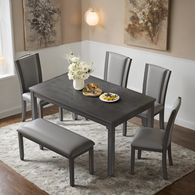 Ensemble de table de salle à manger 6 pièces avec banc et chaises, ensemble de table à manger en bois pour 6 personnes, ensemble de table de salle à manger de style rustique pour 6 personnes Farmhouse