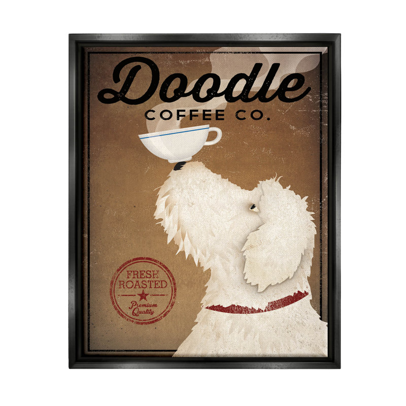 «Vintage Doodle Coffee Dog Sign» par Ryan Fowler, impression sur toile, H 21 po x l 17 po x P 1,7 po, Cadre noir