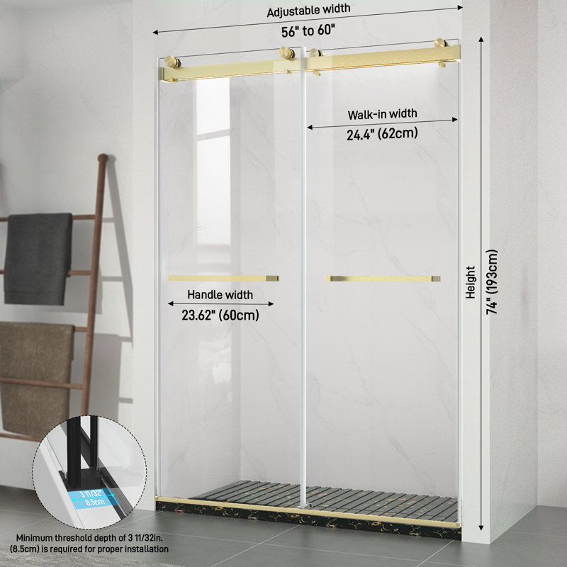 60" W x 74" H Frameless Double Sliding Walk-in Shower Door, Brushed Gold