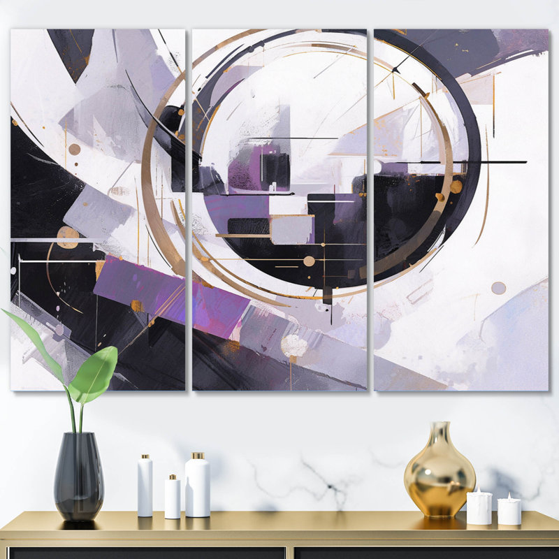 Tourbillon mauve à multiples facettes sur toile, 3 pièces, H 28 po x l 36 po x P 1 po