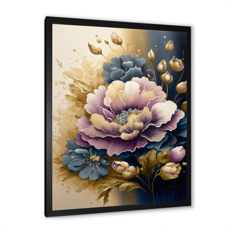 Fleurs mauves et bleues à l'aquarelle I - Impression sur toile, Cadre photo noir, H 32 po x l 16 po x P 1 po