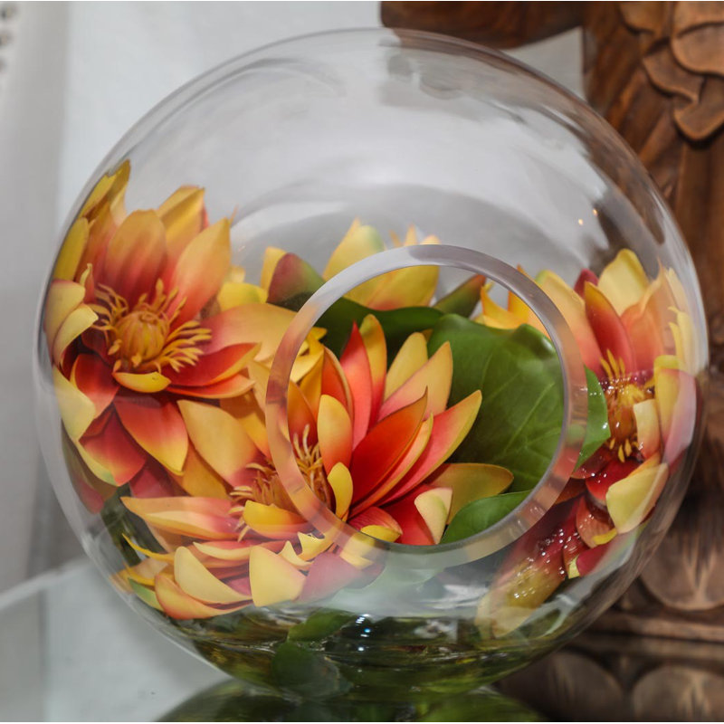 Water Lotus Inside Our Hand-blown Crosswinds Vase, 10" H x 10" W x 9" D