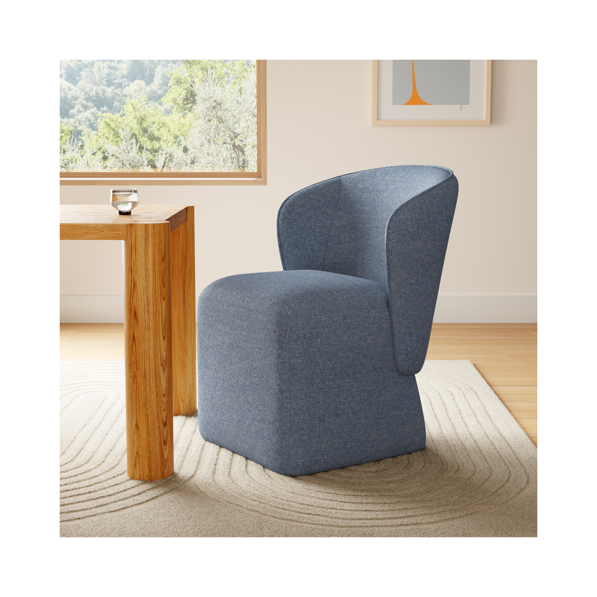 Niha Upholstered Dining Chair with Casters, Nathan Capri Blue Tweed