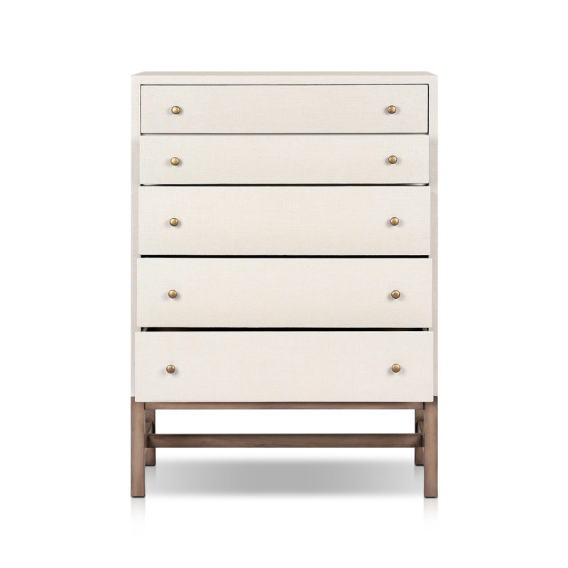 Fiona 5 - Drawer Solid Wood Dresser, Ivory Painted Raffia