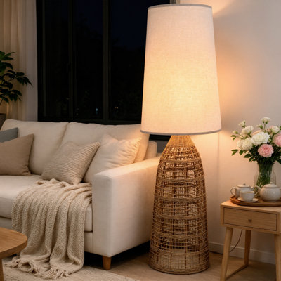 Large 59.65" Seagrass Rattan Woven LED Floor Lamp with Fabric Shade Linen Shade 3 Colors