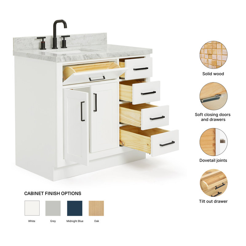 ARIEL HEPBURN 37 IN RIGHT OFFSET RECTANGULAR SINK VANITY 1,5 IN, Left, Rectangular, White