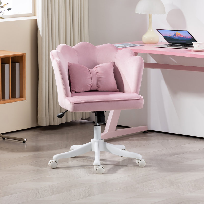HOMCOM Computer Desk Chair, Shell Back, Bow Pillow, Swivel Wheels, Pink, Pink