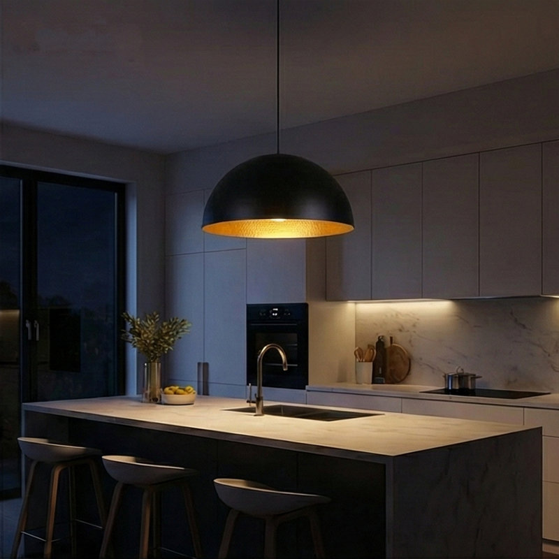 Luminaire suspendu en dôme à hauteur réglable, H 49,6 po x l 23,6 po x P 23,6 po, Noir mat