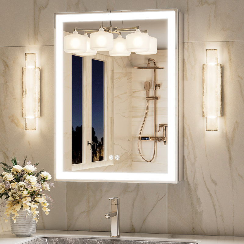 	Frameless LED Lighted Bathroom Medicine Cabinet with Dimmable Light, Tempered Glass, Build-in Outlet, 32" H x 24" W x 4.4" D