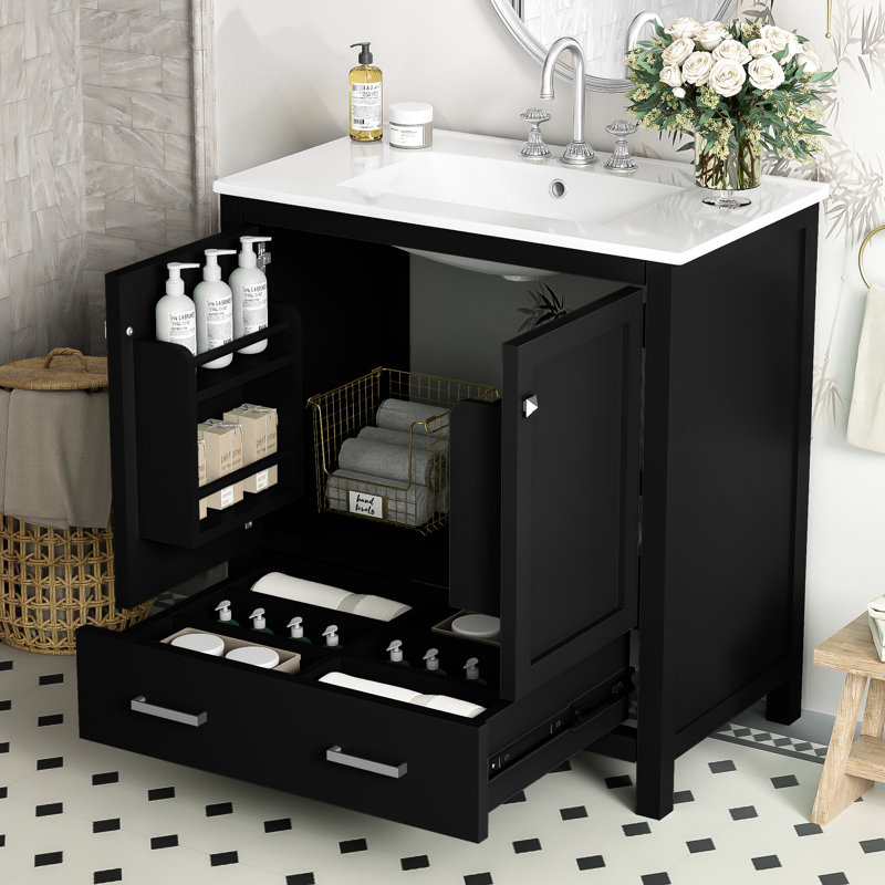 Meuble-lavabo de 30 po en noir avec lavabo simple en céramique. Structure d'armoire, portes à fermeture en douceur. 2 portes et 1 tiroir de rangement. Lavabo rectangulaire. Fabrication moderne en bois massif. Évier à tiroir.