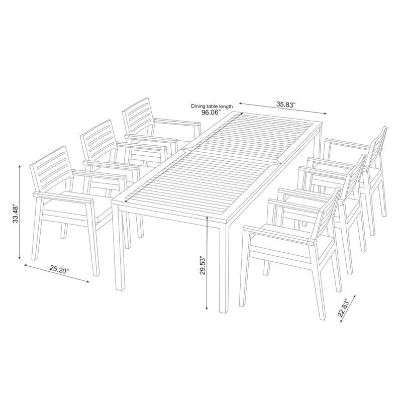 Outdoor Furniture Rhodes 7 Piece Dining Set with 96 in. Table, Charcoal Aluminum, Spectrum Indigo Sunbrella® Plainweave
