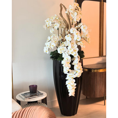 San Jose Planter In Glossy Beige With Cascading White Orchids