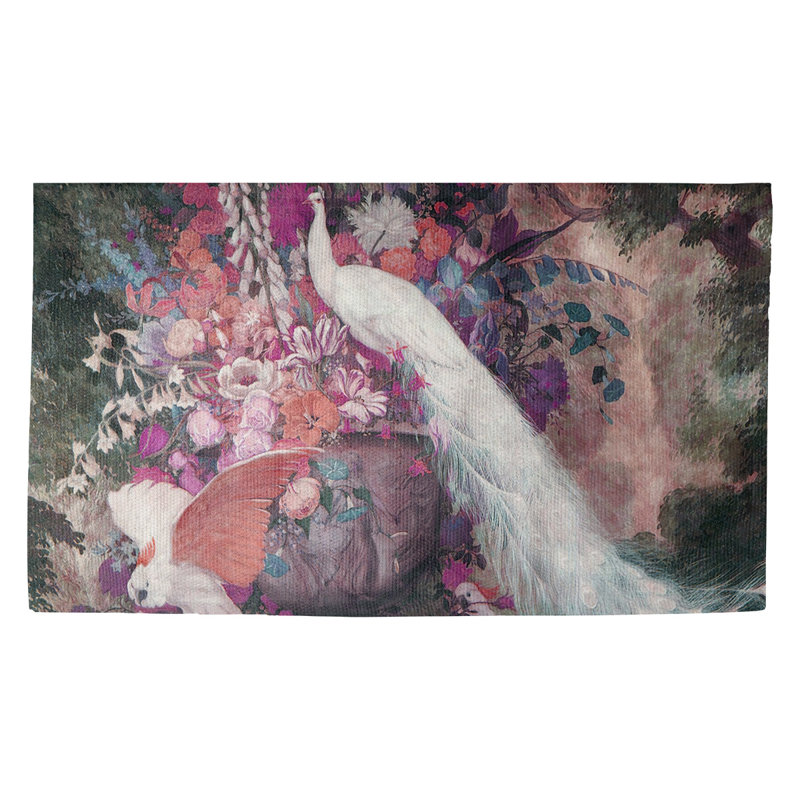 Tapis rose à motif de paon avec fleurs Maciel, Rectangulaire 3 pi 3 po x 5 pi 3 po