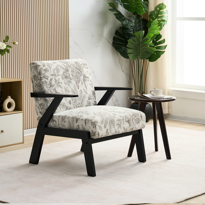 Fauteuil de salon beige et gris de style Mid-Century moderne, revêtement brodé, ergonomique, capacité de 350 lb, base en bois d'hévéa, idéal pour étudier, rembourrage de 28,35 po de profondeur