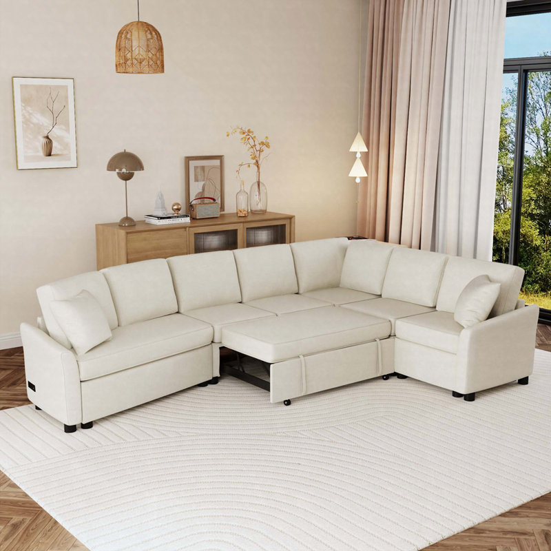 124.8" L-Shaped Convertible Sofa Bed With 2 Back Pillows, Dual USB Ports & Power Sockets, Beige