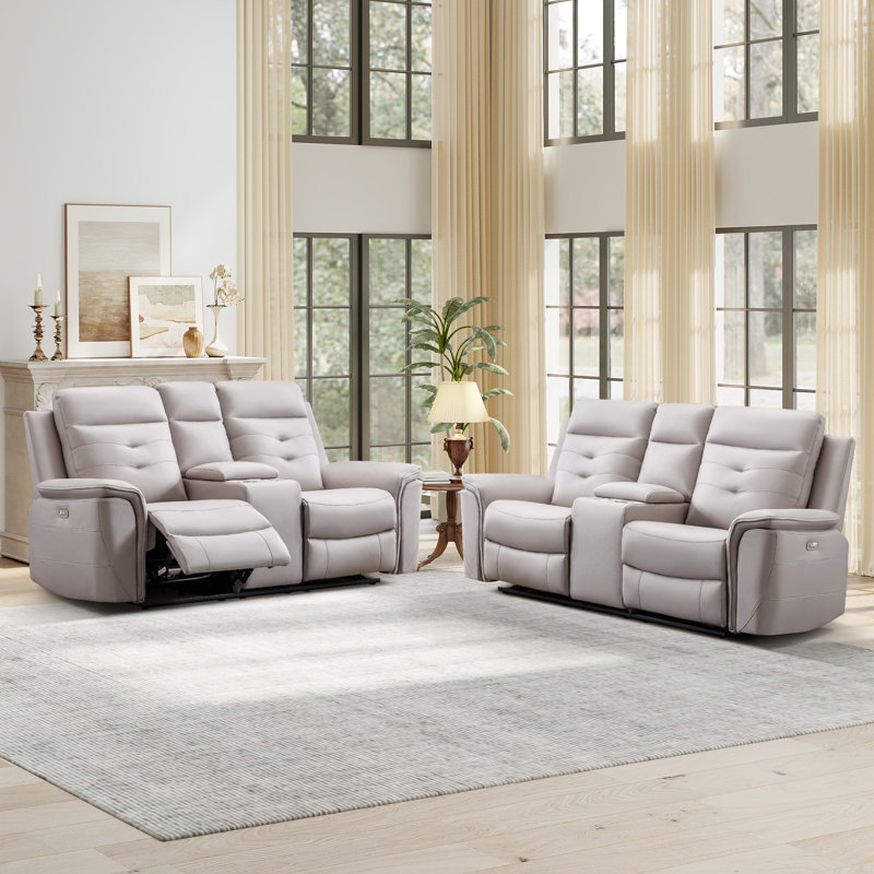 Mounia 76.77'' Faux Leather Reclining Loveseat with Cup Holder & USB, Light Gray