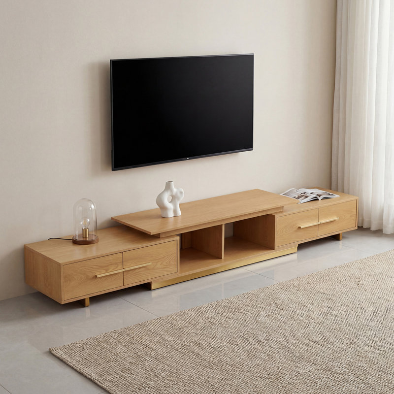Mid-Century Modern Extendable WOOD TV Stand with Stainless Steel Base, 63.4"-94.5" Adjustable Media Console Fits Up to 100 Inch TV for Living Room