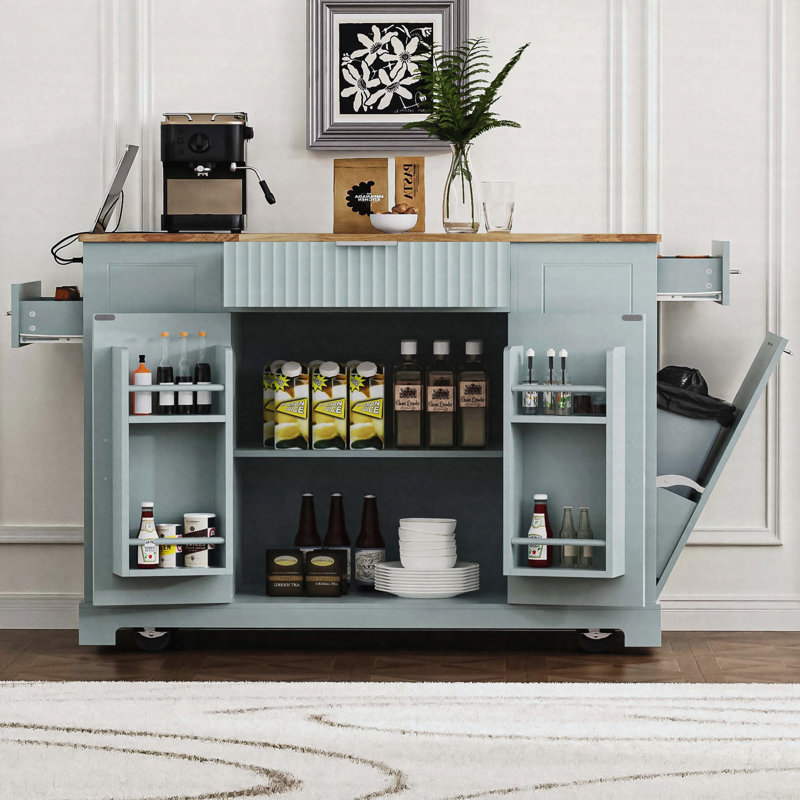 Fluted Kitchen Island with Trash Can Storage Cabinet, Power Outlet, Internal Storage Rack, Rolling Kitchen Islands on 5 Wheels with 3 Drawer, 3 Open Side Racks for 10 Gallon Garbage Bin,Grey Blue