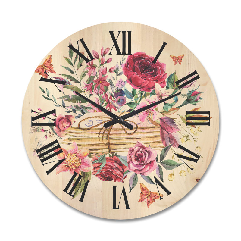 Horloge murale en bois avec lettres et fleurs sauvages, Grand