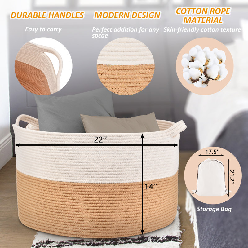 Cotton Rope Basket, Storage Baskets, Yellow/White