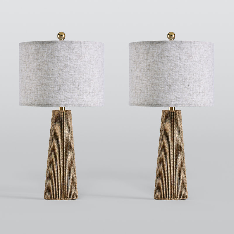 Arcola 25.8 in. Brown boho Metal Fabric For Bedroom/Living Room Bedside Desk Nightstand Hardware Paper Rope Table Lamp With Linen Drum Shade