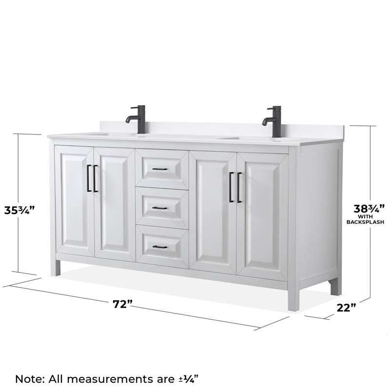 Meuble-lavabo double 72 po avec plateau en quartz Daria, Noir mat, Blanc, Quartz blanc