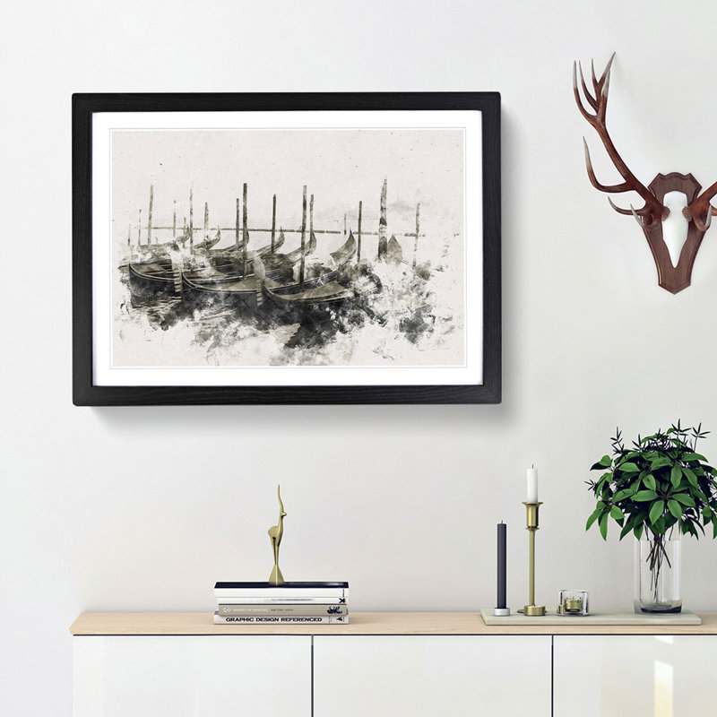 Docked Gondolas In Venice Italy - Picture Frame Painting, Black Framed, 62cm H x 87cm W x 2cm D