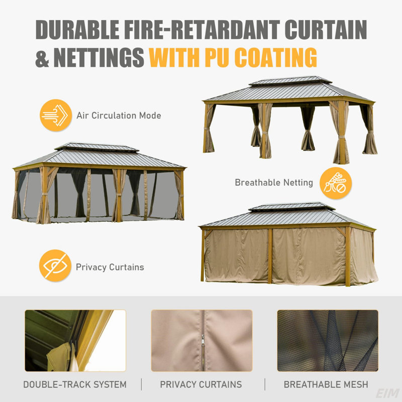 Hardtop Gazebo, Permanent Metal Gazebo With Galvanized Steel Double Roof And Aluminum Frame, Curtain And Netting, Large Pavilion Gazebo