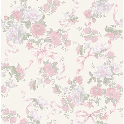 SAMPLE-Cabbage Rose Bow Ribbons 33' L x 20.5" W Wallpaper Roll